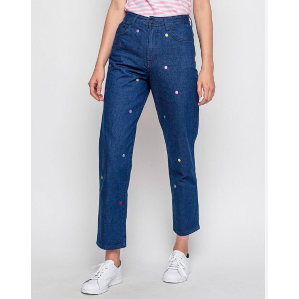 Lazy Oaf Embroidered Polka Dot High Waist Straight Leg Jeans Size 30